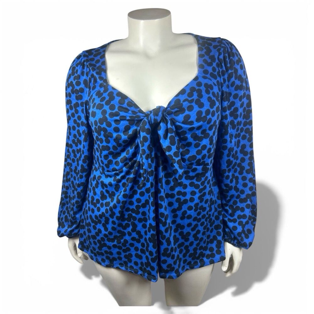 Plus Size Womens 2X Blue Black Top Polka Dot Tie Front Long Sleeve Blouse Casual